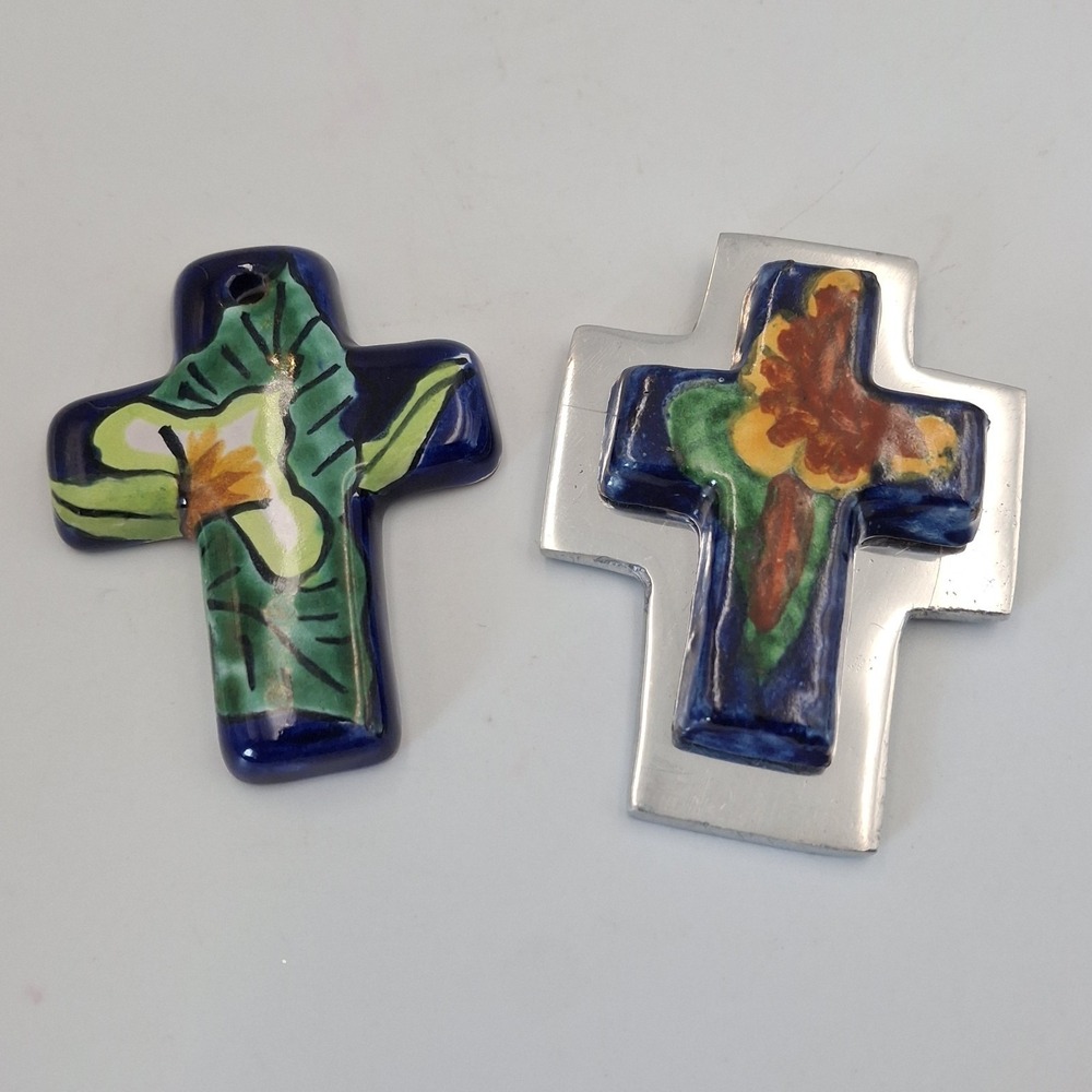 Lot of 2 Mexican Talavera Ceramic Crosses Pewter Wall Hanging Hand Painted Signe